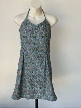 Sleeveless Halter Blue & Brown Patterned Summer Dress